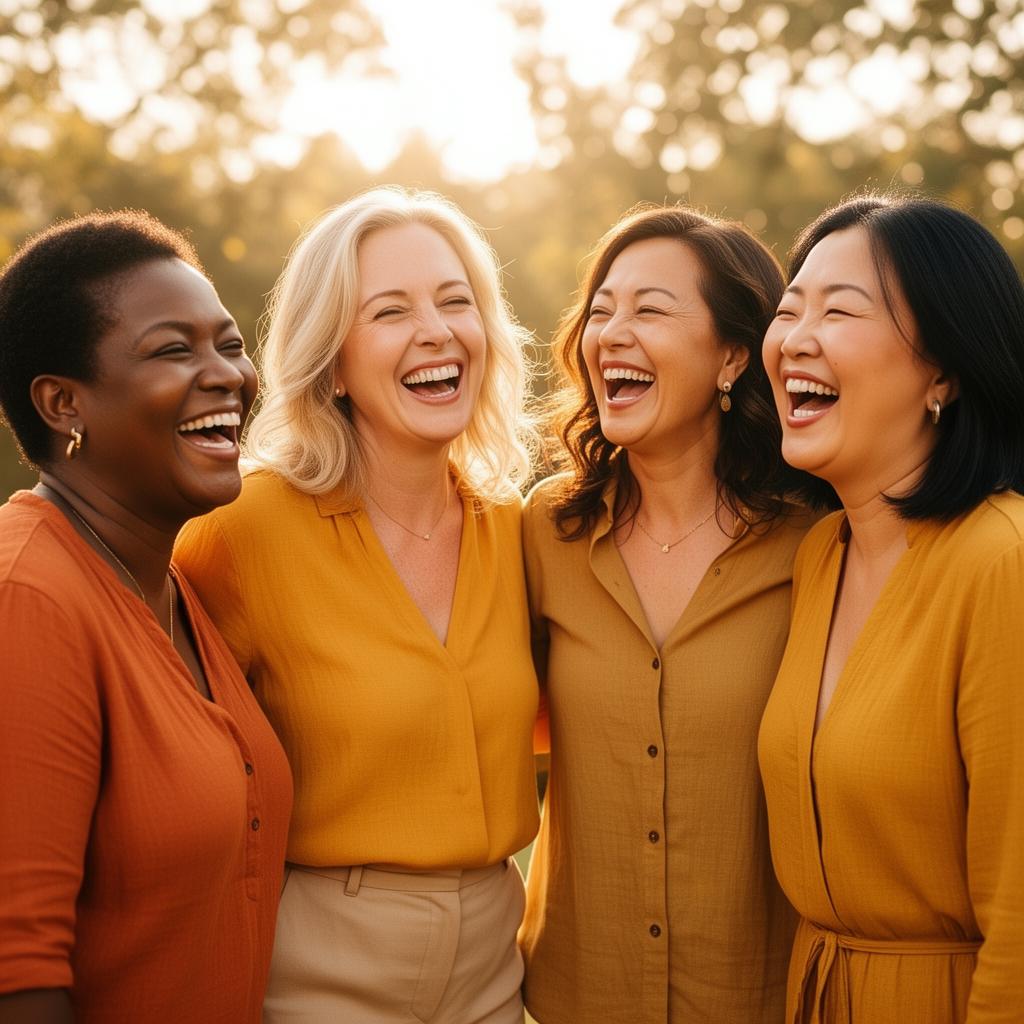 A diverse group of women in their 40s and 50s laughing together