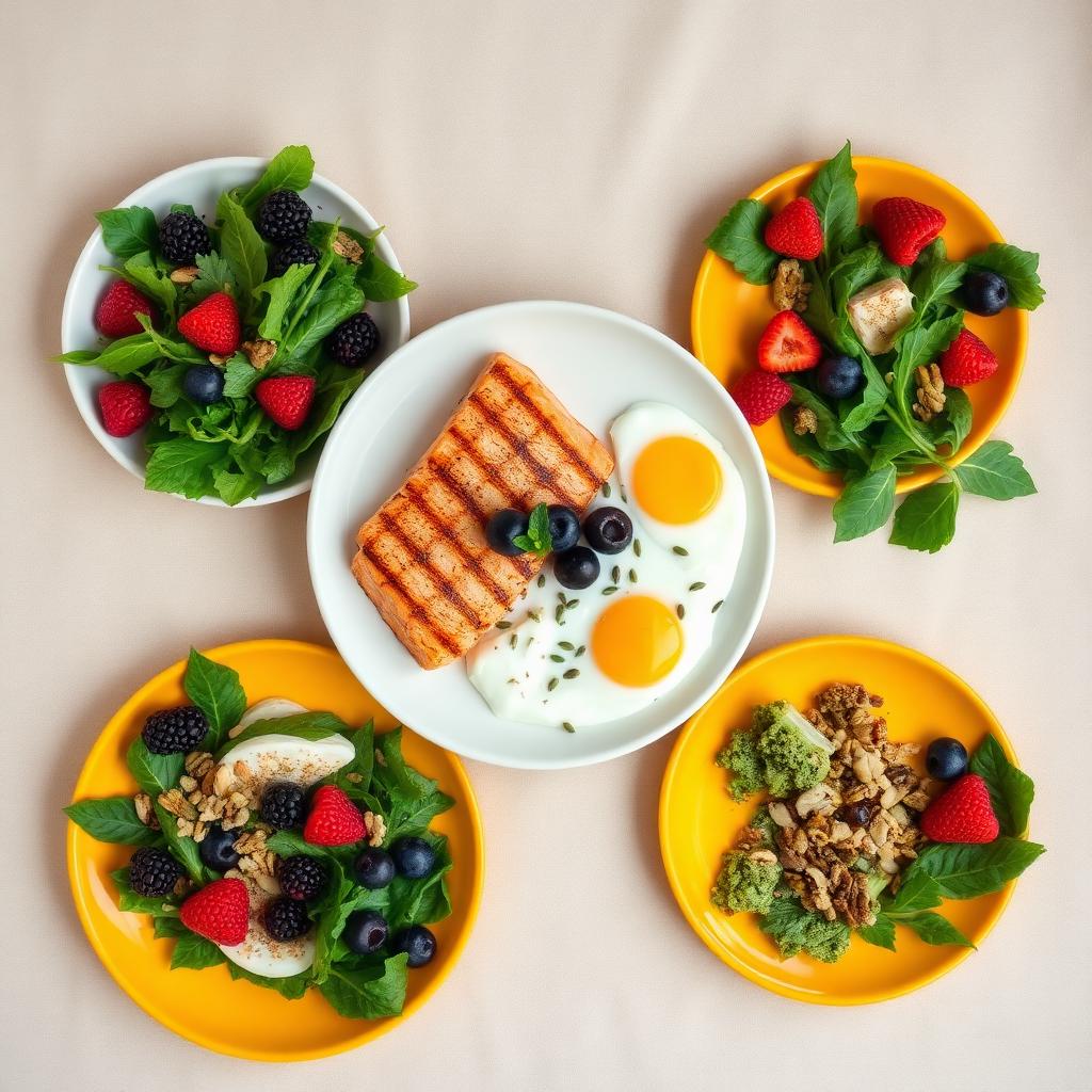 Colourful flat lay of high-protein meals: salmon, eggs, Greek yogurt, leafy greens
